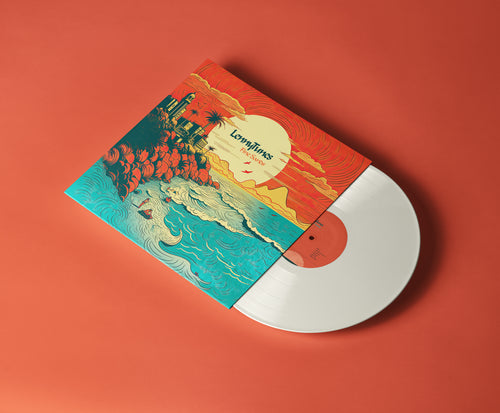 Vinyl record with colorful cover on a red background